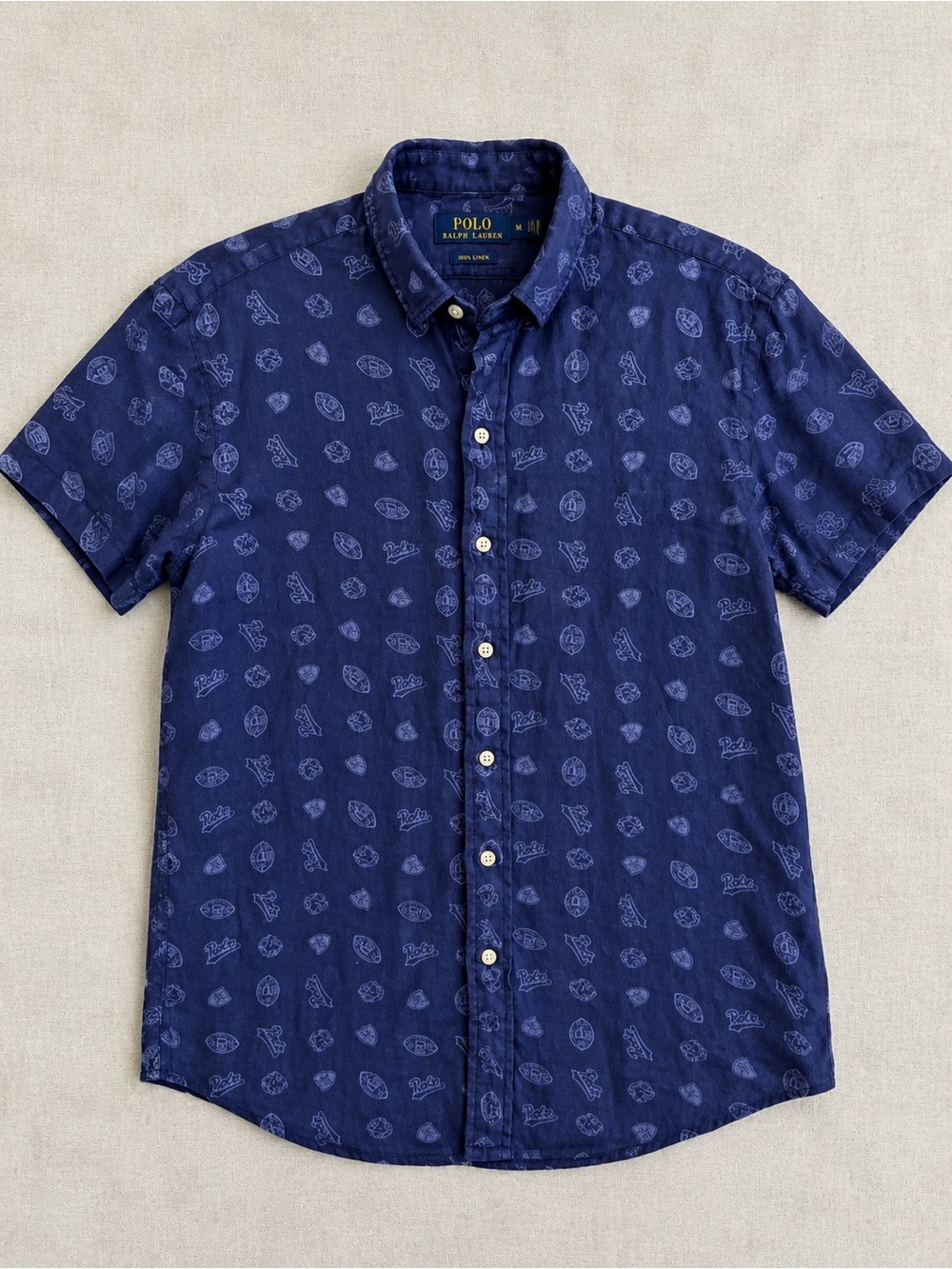 Polo Ralph Lauren Men’s M 100% Linen Sport Print Blue Button Down Shirt Football